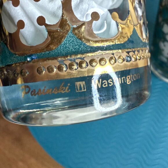 Set Of 3 Vtg MCM Pasinski Washington Highball Glasses 22k Gold & Turquoise EUVC - Picture 2 of 14